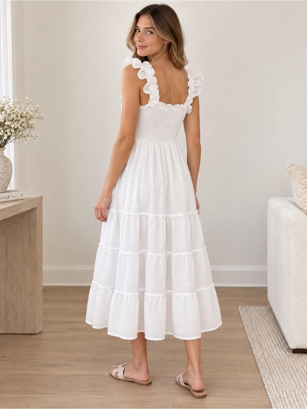 Hill House Home Ellie Nap Dress White Swiss Dot Smocked Tiered Midi Dress - Picture 9 of 9